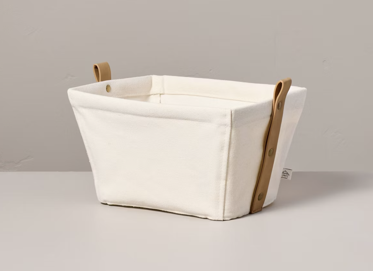 Decorative Canvas Storage Bin with Faux Leather Strap Handles Cream/Tan - Hearth & Hand with Magnolia