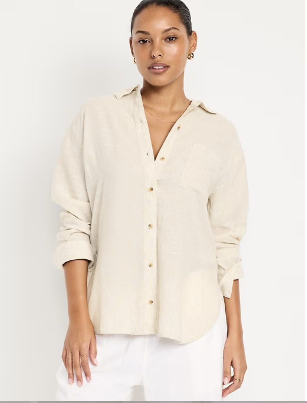 Linen-Blend Loose Button-Down Shirt
