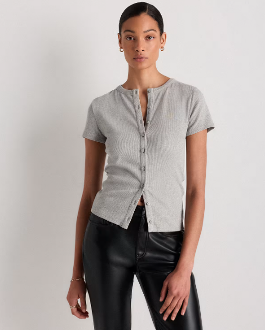 Women's Organic Cotton Micro-Rib Button Tee in Heather Grey