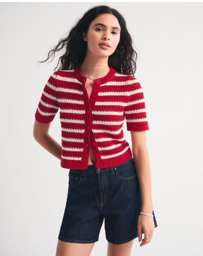 Textural Short-Sleeve Crew Cardigan