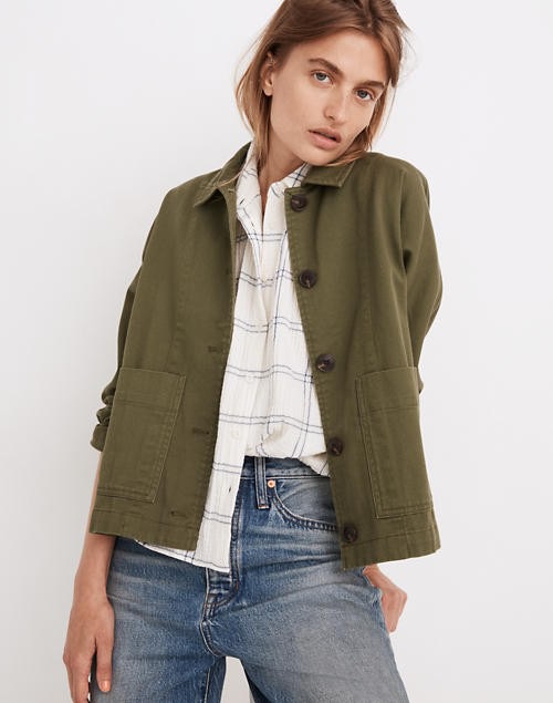 Soft and drapey, this chore jacket has slouchy dolman sleeves and an easy fit. The perfect in-between layer for in-between seasons.