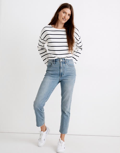 With their waist-accentuating high rise and tapered legs, these are "mom jeans"...if your mom was a '90s supermodel. The fabric: Premium denim that combines the holds-you-in structure of rigid with a touch of flattering stretch (they'll be so day-one comfortable you won't even unbutton at the dinner table—but, trust us, you'll look *chef's kiss*).