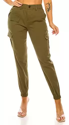 Double Denim Women's High Waist Jogger Pants - Casual Cargo Elastic Waistband Sweatpants Tapered Fatigue with 6 Pockets SCP-2049 Olive L
