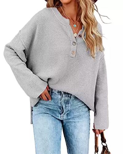 Saodimallsu Women’s Oversized Sweaters Batwing Long Sleeve Loose V Neck Button Henley Tops Pullover Knit Jumper Gray