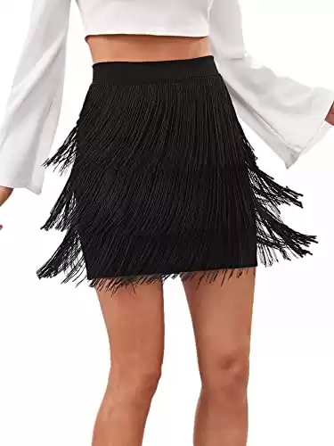 Verdusa Women's Fringe Trim High Waist Short Pencil Bodycon Skirt Black M