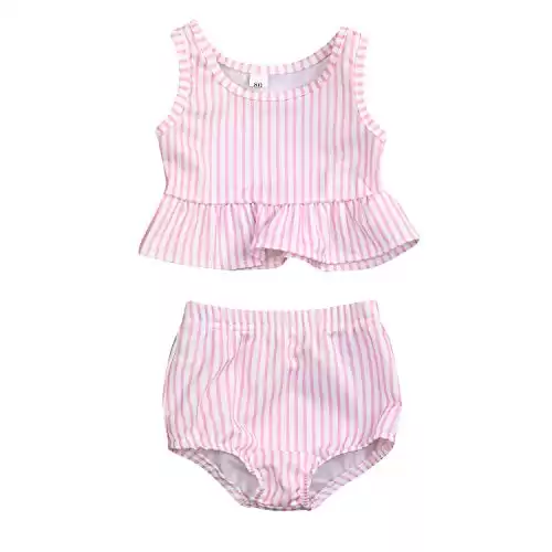 YOUNGER TREE Toddler Baby Girls Summer Swimsuit Sleeveless Striped Swimwear Two-Piece Suit Beach Bikini (Pink, 4-5T)