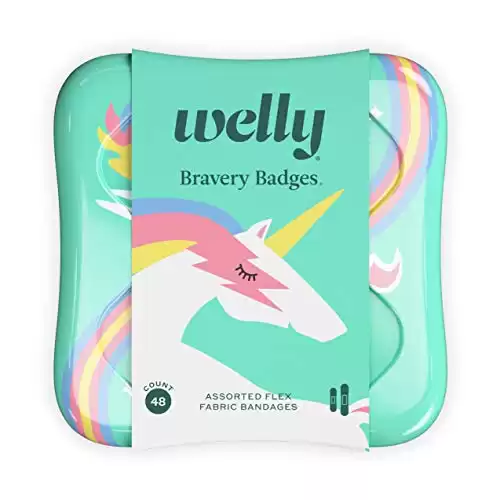 Welly Bandages | Adhesive Flexible Fabric Bravery Badges | Assorted Shapes for Minor Cuts, Scrapes, and Wounds | Colorful and Fun First Aid Tin | Unicorn Patterns - 48 Count