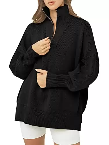 ANRABESS Women's Oversized Quarter Zip Ribbed Knit Pullover Sweater - Black