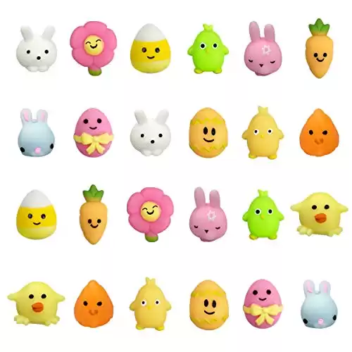QINGQIU 24 PCS Easter Mochi Squishy Toys Stress Relief Squishies for Kids Boys Girls Toddlers Easter Basket Stuffers Egg Fillers Gifts Party Favors