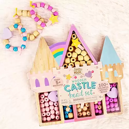 Story Magic Castle Bead Set, Create Your Own Magical Beaded Jewelry, 100+ Wooden Beads with Shoestring Lacing, Princess Castle Bead Kit, Great for Toddlers and Kids Ages 4, 5, 6, 7