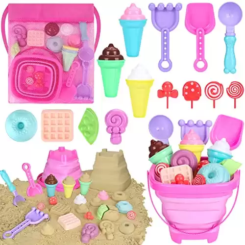 Collapsible Beach Toys Set for Kids Toddlers Girls, Collapsible Sand Bucket and Shovels Set with Mesh Bag & Sand Molds, Ice Cream Travel Sand Toys for Beach, Sandbox Toys for Toddlers Kids Age 3-1...