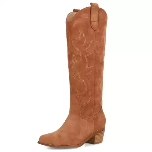 Erocalli Suede Knee High Boot Cowgirl Cowboy Boots For Women Embroidered Pull-On Chunky Stacked Heel Western Boots