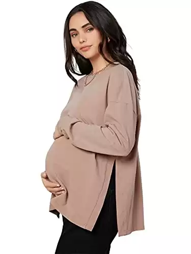MakeMeChic Women's Maternity T-Shirt Long Sleeve Split Side Pregnancy Tee Tops Apricot L