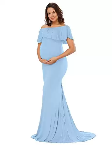 JustVH Maternity Fitted Elegant Gown Short Sleeve Off Shoulder Ruffles Slim Fit Maxi Photography Dress