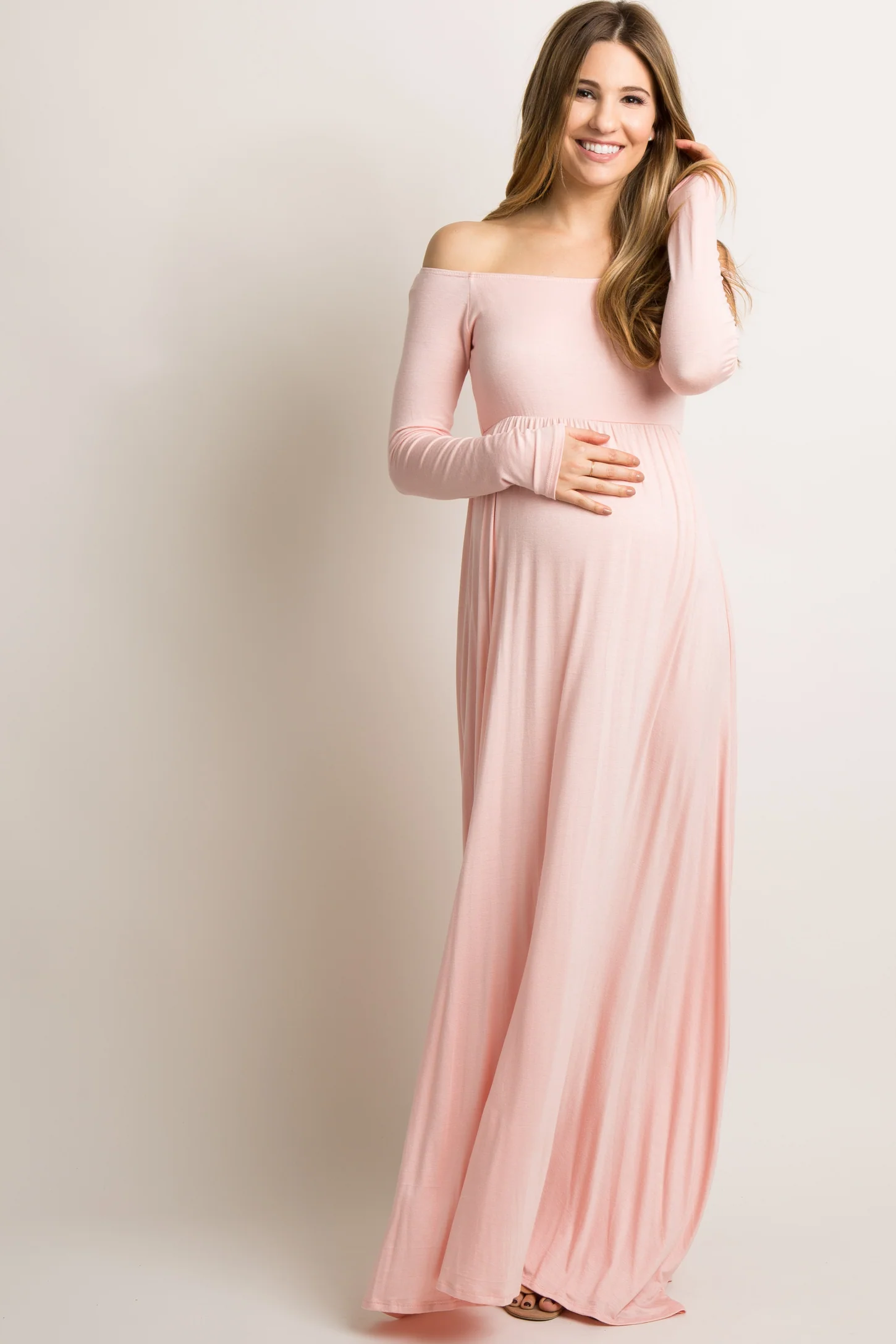 PinkBlush Pink Solid Off Shoulder Maternity Maxi Dress