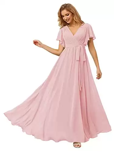 Raseal Flutter Sleeve Chiffon Bridesmaid Dress for Women Plus Size A Line V Neck Pleats Bridesmaid Dress with Pockets Light Pink 20W