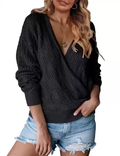 MEROKEETY Womens Deep V Neck Wrap Sweaters Long Sleeve Crochet Knit Pullover Tops, Black, X-Large