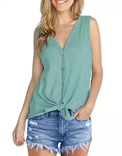 IWOLLENCE Womens Loose Henley Blouse Sleeveless Button Down T Shirts Tie Front Knot Tops Blue-Green X-Large