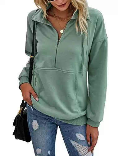 PRETTYGARDEN Women’s Casual Long Sleeve Lapel Zipper Sweatshirt Drawstring Loose Pullover Tops Green