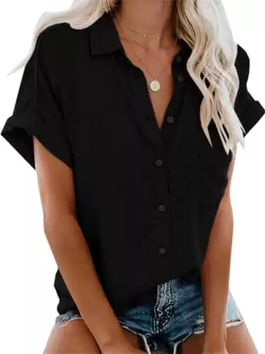 APRAW Womens Casual Short Sleeve Button Down Shirts Summer Cotton Plain Top Blouses with Pockets Black