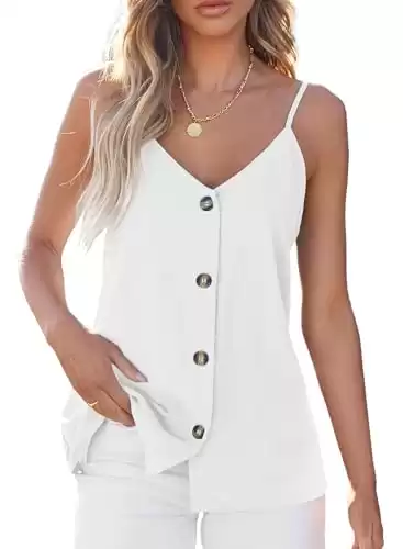 BLENCOT Tank Tops for Women Button-up V Neck Summer Casual Sleeveless Shirts Spaghetti Strap Dressy Tops White L