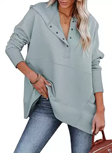 AlvaQ Womens Button Up V Neck Hoodies Casual Long Sleeve Sweatshirts Loose Ribbed Pullover Tops with Pockets Gray Medium