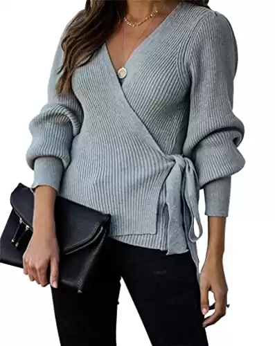 KIRUNDO Women's 2024 Fall Winter Wrap V Neck Sweater Balloon Sleeves Ribbed Knitted Pullover Tie Front Tunic Top Jumper(Small, Gray)