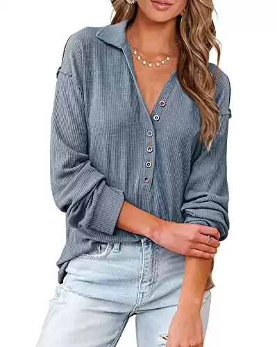BTFBM Women Casual Button Down V Neck Blouses Long Sleeve Solid Color Stand Collar Knitted Fall Tops Cute Relaxed Fit Shirts(Solid Blue, Large)