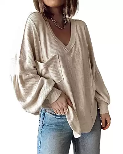 BTFBM Women Casual V Neck Ribbed Knitted Shirts Tunic Tops Loose Balloon Sleeve Solid Pullover Blouses Top with Pocket(Solid Apricot, Small)
