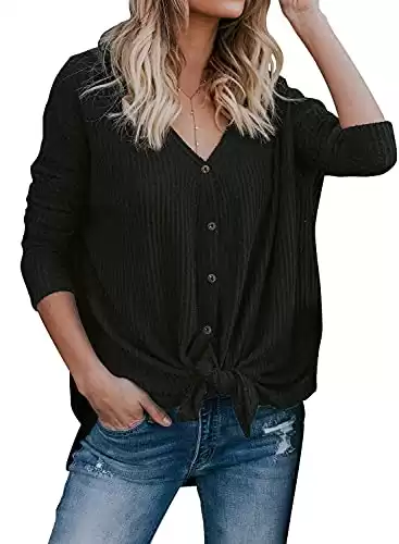 MIHOLL Womens Loose Blouse Long Sleeve V Neck Button Down T Shirts Tie Front Knot Casual Tops (Large, Z- Black)