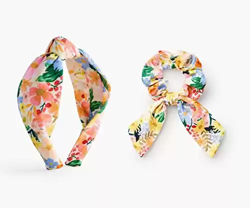 RIFLE PAPER CO. Marguerite Headband & Scrunchie Set, Knotted Fabric Headband and 100% Polyester Soft Elastic Scrunchie Hair Bands, Bright Floral Pattern - Marguerite
