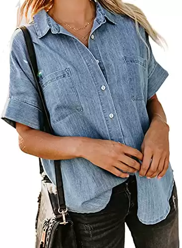 Astylish Womens Summer Tops Casual Short Sleeve Pocket Button Down Shirt Ladies Cute Blouses Light Blue Large