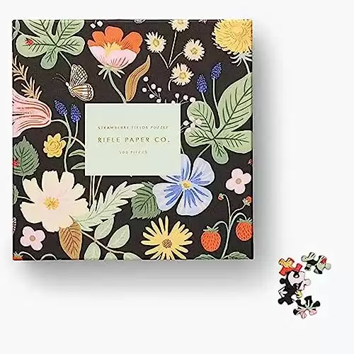 RIFLE PAPER CO. Strawberry Fields Illustrated Jigsaw Puzzle, 500 Pieces, Full Color, Finished Puzzle Size 21" L x 15" W, Paper Wrapped Gift Box with Gold Foil Accents