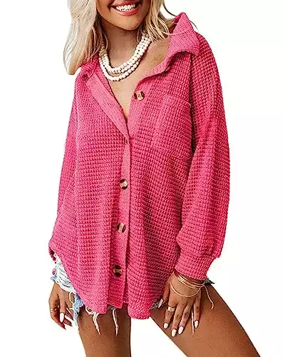 Dokotoo Womens Waffle Knit Shacket Jacket Spring Button Down Tops for Women Casual Loose Fit Long Batwing Sleeve Blouses Lightweight Solid Color V Neck Hot Pink Shirts Large