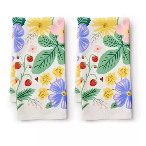RIFLE PAPER CO. Tea Towels Set of 2 | Vibrant Screen Printed Kitchen Towels (Added Loop, Made from Cotton, Machine Washable), Strawberry Fields