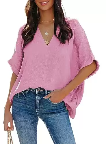 Dokotoo V Neck Summer Blouse: Women's Frayed Batwing Sleeve Oversized Tunic Top - Pink M