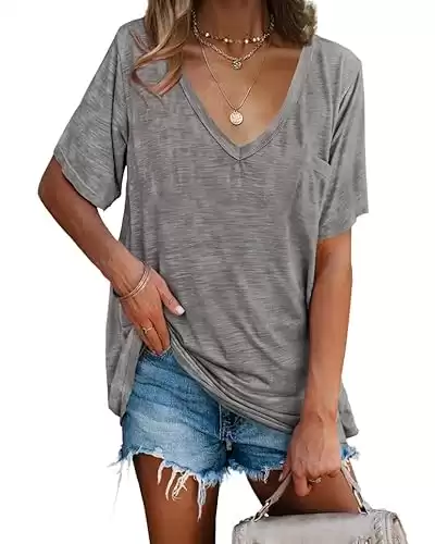 imesrun Womens V Neck Tshirts Short Sleeve Loose Casual Summer Tops with Pokcet Grey Medium