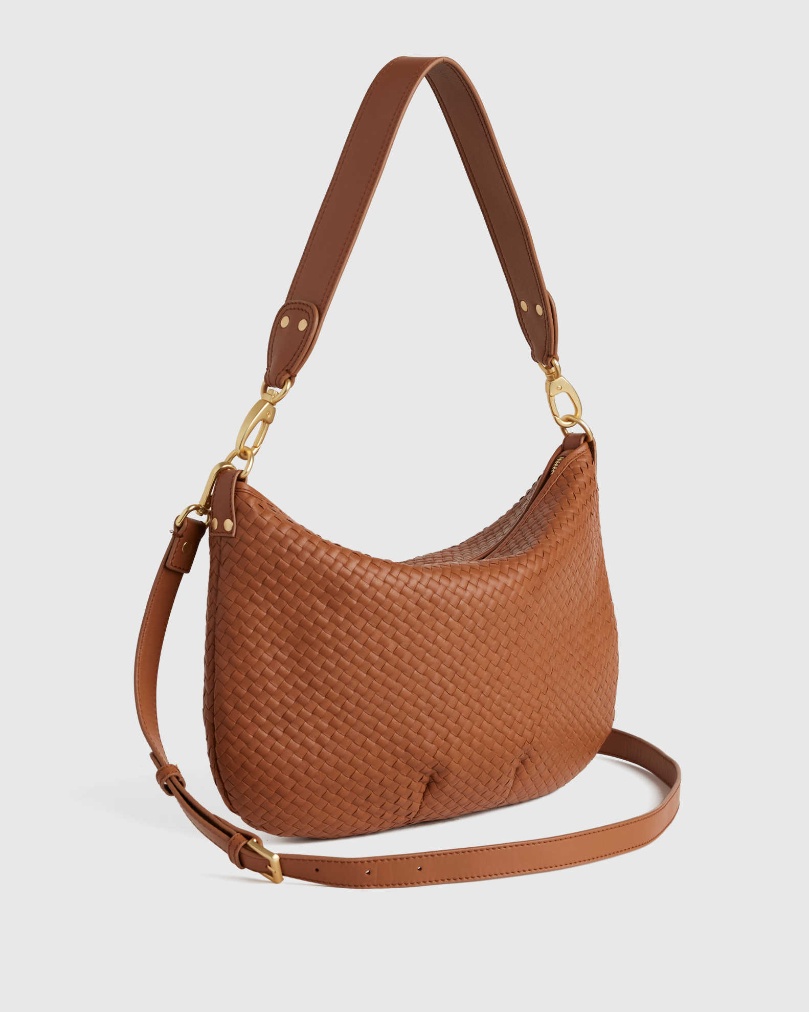 Italian Leather Convertible Crescent Handwoven Shoulder Bag in Cognac